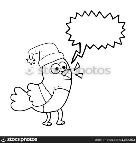 freehand drawn speech bubble cartoon bird wearing christmas hat
