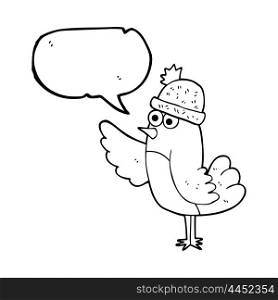 freehand drawn speech bubble cartoon bird wearing hat