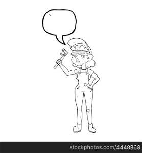 freehand drawn speech bubble cartoon capable woman with wrench