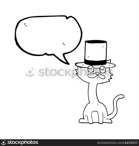 freehand drawn speech bubble cartoon cat in top hat