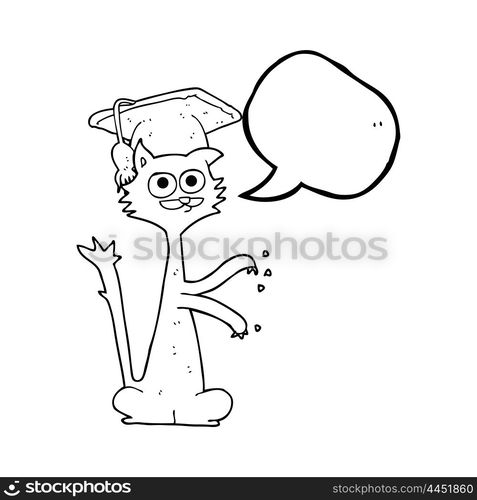 freehand drawn speech bubble cartoon cat scratching with graduation cap