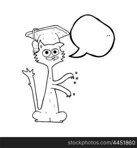 freehand drawn speech bubble cartoon cat scratching with graduation cap