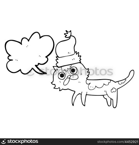 freehand drawn speech bubble cartoon cat wearing christmas hat