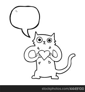 freehand drawn speech bubble cartoon cat with love heart