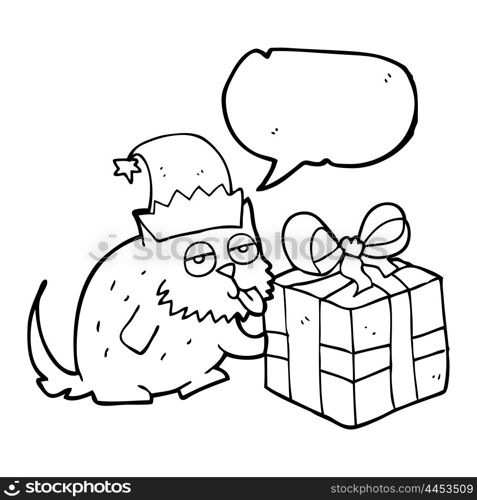 freehand drawn speech bubble cartoon cat with present