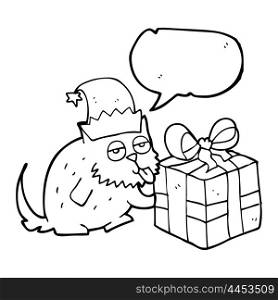 freehand drawn speech bubble cartoon cat with present