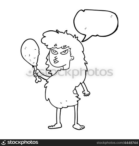 freehand drawn speech bubble cartoon cavewoman with meat