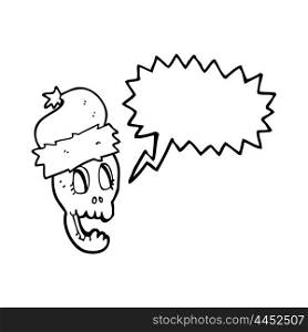 freehand drawn speech bubble cartoon christmas hat on skull