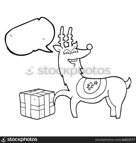freehand drawn speech bubble cartoon christmas reindeer with present