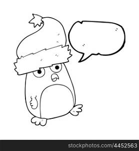 freehand drawn speech bubble cartoon christmas robin wearing christmas hat