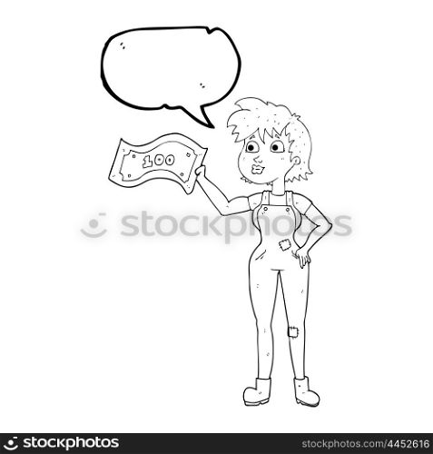freehand drawn speech bubble cartoon confident farmer woman with money