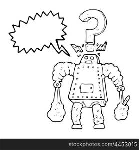 freehand drawn speech bubble cartoon confused robot carrying shopping