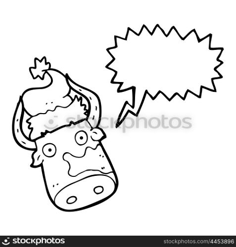 freehand drawn speech bubble cartoon cow wearing christmas hat