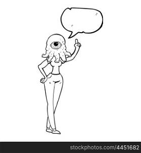 freehand drawn speech bubble cartoon female alien with raised hand