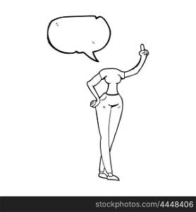 freehand drawn speech bubble cartoon female body with raised hand