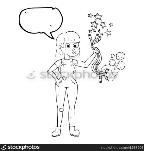 freehand drawn speech bubble cartoon female electrician