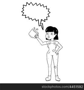 freehand drawn speech bubble cartoon female worker with coffee mug