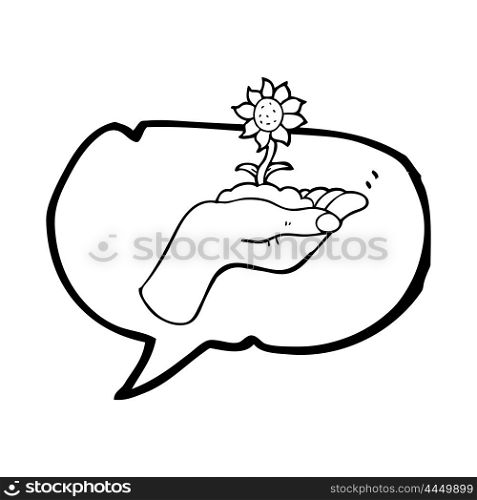 freehand drawn speech bubble cartoon flower growing in palm of hand