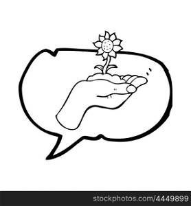 freehand drawn speech bubble cartoon flower growing in palm of hand