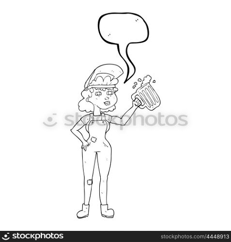 freehand drawn speech bubble cartoon hard working woman with beer