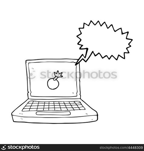 freehand drawn speech bubble cartoon laptop computer with bomb symbol
