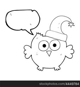 freehand drawn speech bubble cartoon little owl wearing christmas hat