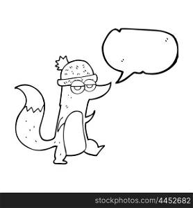 freehand drawn speech bubble cartoon little wolf wearing hat