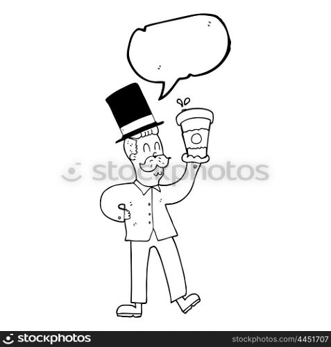 freehand drawn speech bubble cartoon man with coffee cup