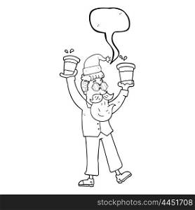freehand drawn speech bubble cartoon man with coffee cups at christmas