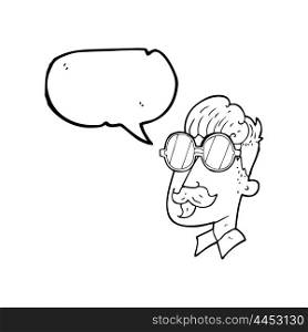 freehand drawn speech bubble cartoon man with mustache and spectacles