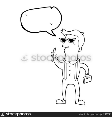 freehand drawn speech bubble cartoon man with notebook