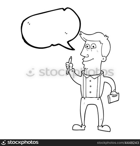 freehand drawn speech bubble cartoon man with notebook and pen