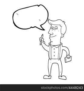 freehand drawn speech bubble cartoon man with notebook and pen