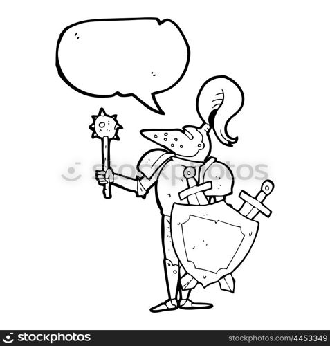 freehand drawn speech bubble cartoon medieval knight with shield