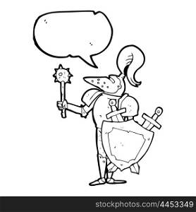 freehand drawn speech bubble cartoon medieval knight with shield