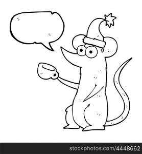 freehand drawn speech bubble cartoon mouse wearing christmas hat