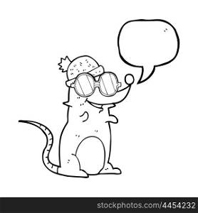 freehand drawn speech bubble cartoon mouse wearing glasses and hat