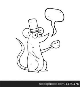 freehand drawn speech bubble cartoon mouse with cup and top hat