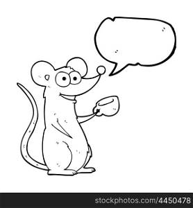 freehand drawn speech bubble cartoon mouse with cup of tea