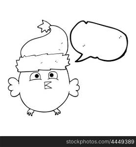 freehand drawn speech bubble cartoon owl wearing christmas hat