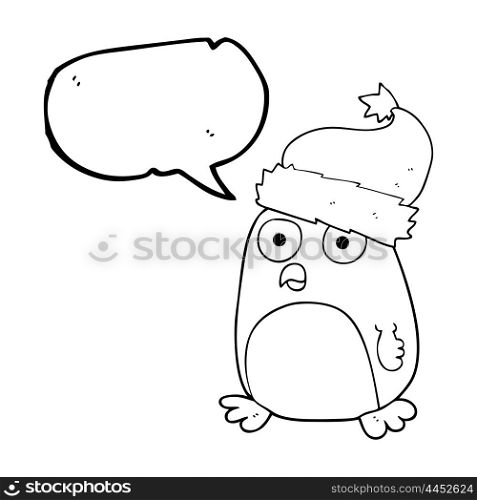 freehand drawn speech bubble cartoon penguin in christmas hat