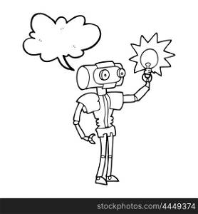 freehand drawn speech bubble cartoon robot with light bulb