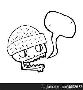 freehand drawn speech bubble cartoon skull wearing hat