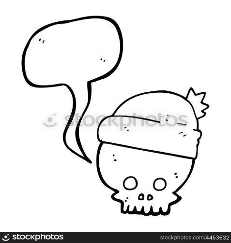 freehand drawn speech bubble cartoon skull wearing hat