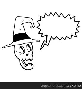 freehand drawn speech bubble cartoon skull wearing witch hat