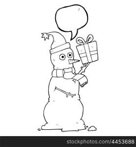 freehand drawn speech bubble cartoon snowman holding present