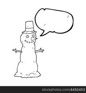 freehand drawn speech bubble cartoon snowman in top hat