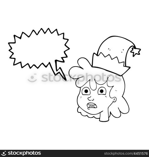 freehand drawn speech bubble cartoon stressed woman wearing santa hat