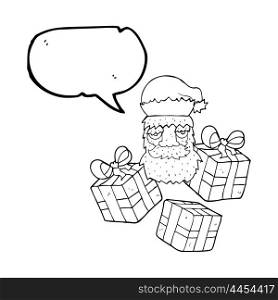 freehand drawn speech bubble cartoon tired santa claus face with presents