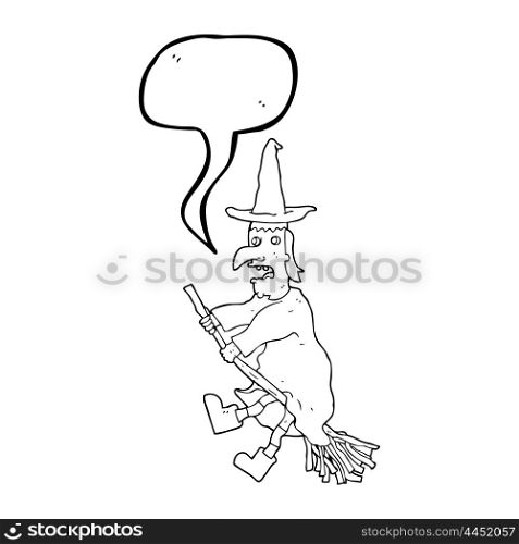 freehand drawn speech bubble cartoon witch flying on broom